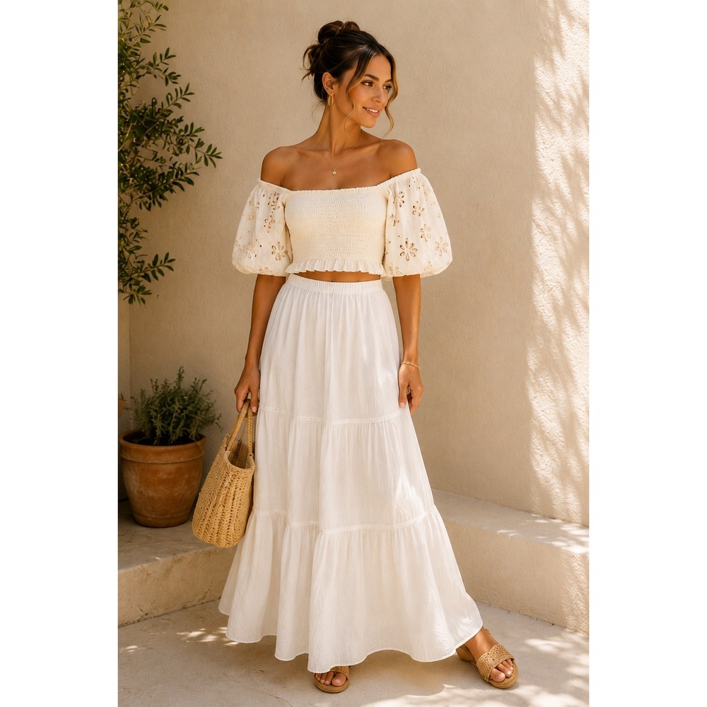 Surf Gypsy Cream Eyelet Puff Sleeve Crop Top Smocked Blouse Small Boho